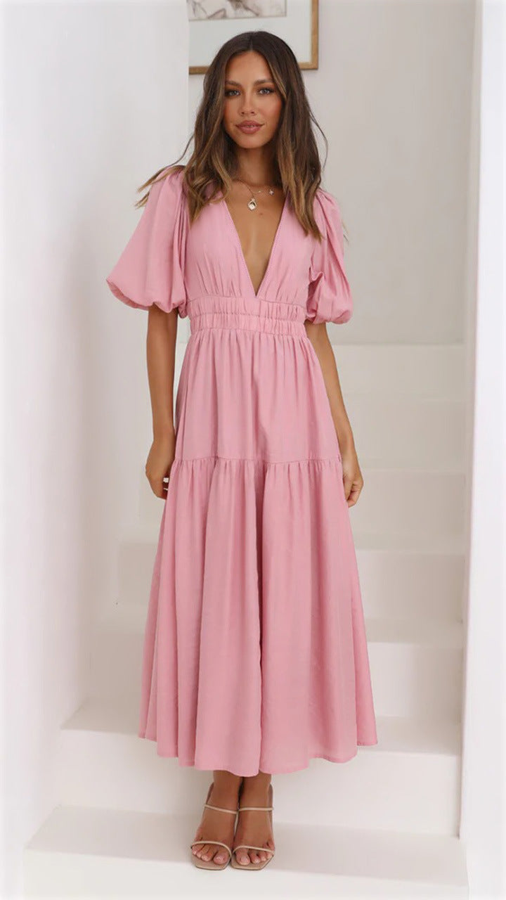 Deep V-Neck Puff-Sleeve Smocked-Waist Tiered Midi Dress