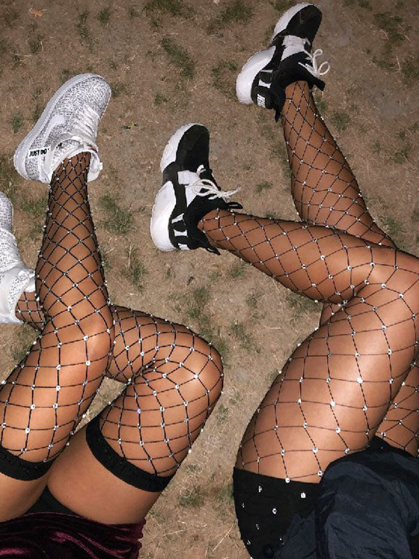 Rhinestones Fishnet Over The knee Stockings