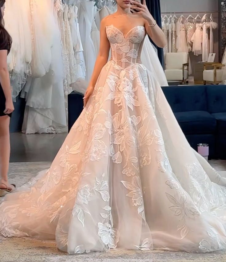 A Line Long Wedding Dress Strapless Lace Up Back Bridal Gown