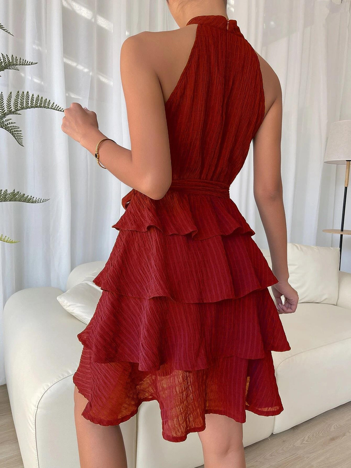 Chiffon Halter Neck Belted Tiered Mini Dress 2