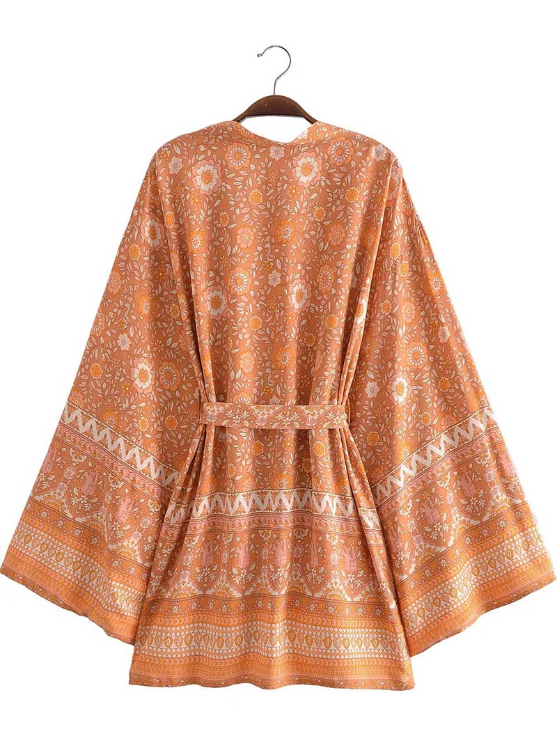 Short Kimono With Floral Print Pink & Yellow Cotton Short Length Gown Robe - Fashionpara