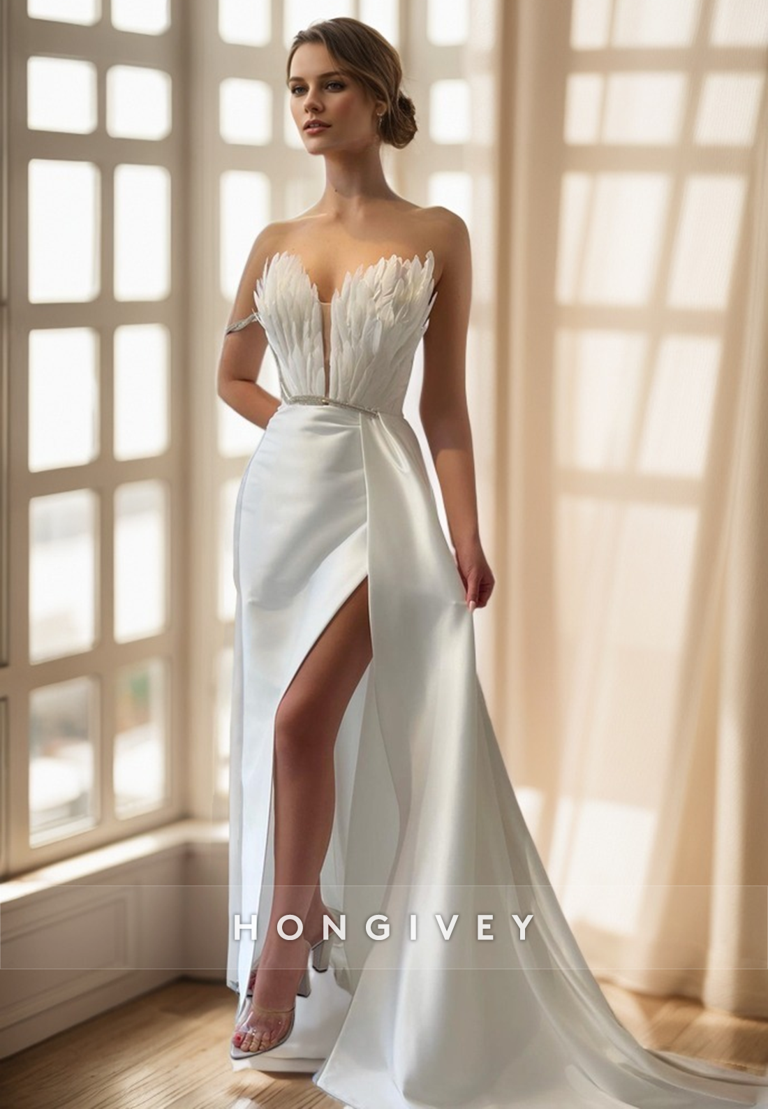 L1237 - Feathered Crystal Beaded Plunging Illusion With Train And Slit Evening Party Formal Prom Dress - Fashionpara