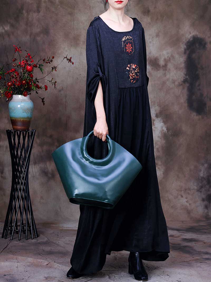 Floral Appliqué Round Neck Long Sleeve Maxi Dress 4