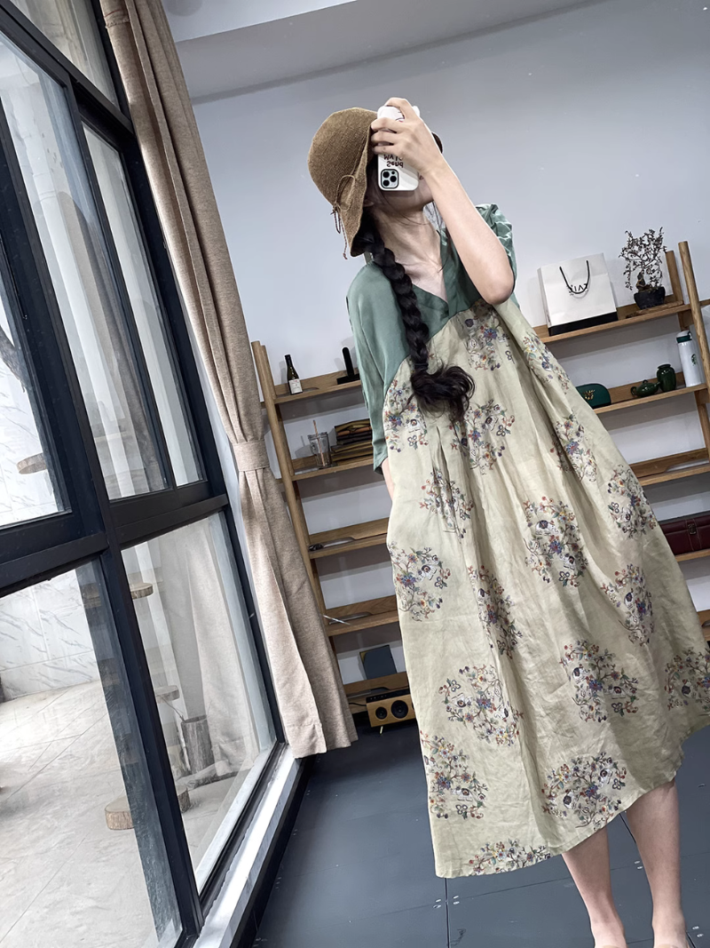 V-neck Retro Printing A-Line Dress - Fashionpara