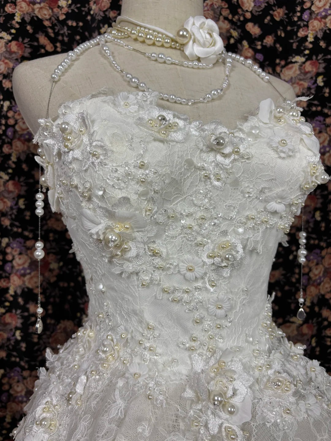 Mermaid Lace Tulle Pearls Long Princess Wedding Dress