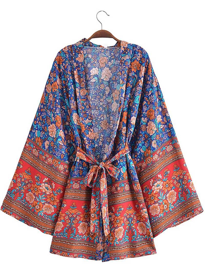 Short Kimono With Floral Print Blue, Pink, & White Color Gown Kimono Robe - Fashionpara