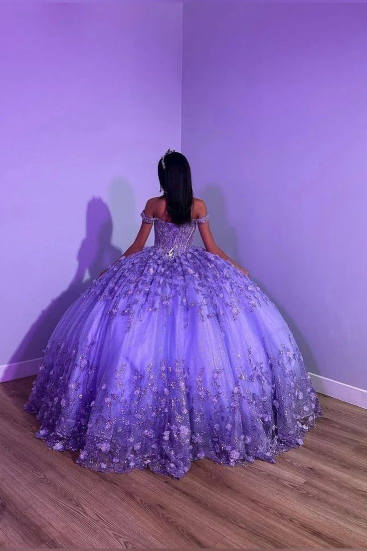 Purple Shiny Puffy Princess Quinceanera Dresses Off Shoulder Beads 3D Floral Gillter Sequins Lace-up Corset Vestidos 15 anos rosa - Fashionpara