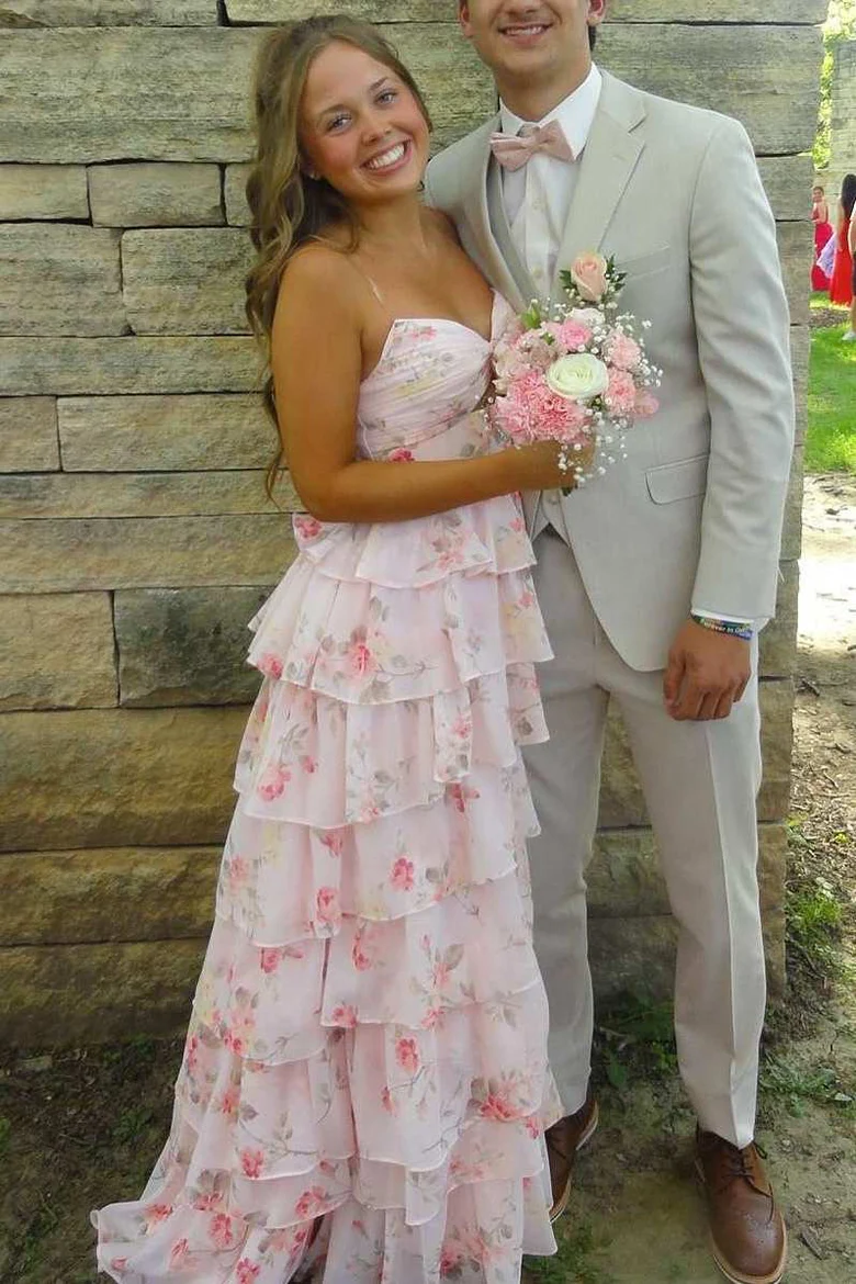 Pink A-Line Strapless Empire-Waist V-Neck Ruffles Print Prom Dress - Fashionpara