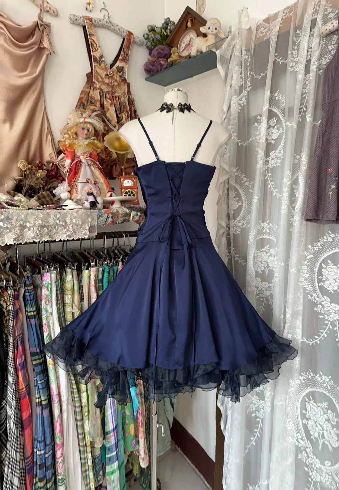 A Line Navy Blue Birthday Outfit Short Evening Dress Vintage Short Party Dress Homecoming Dress - Fashionpara
