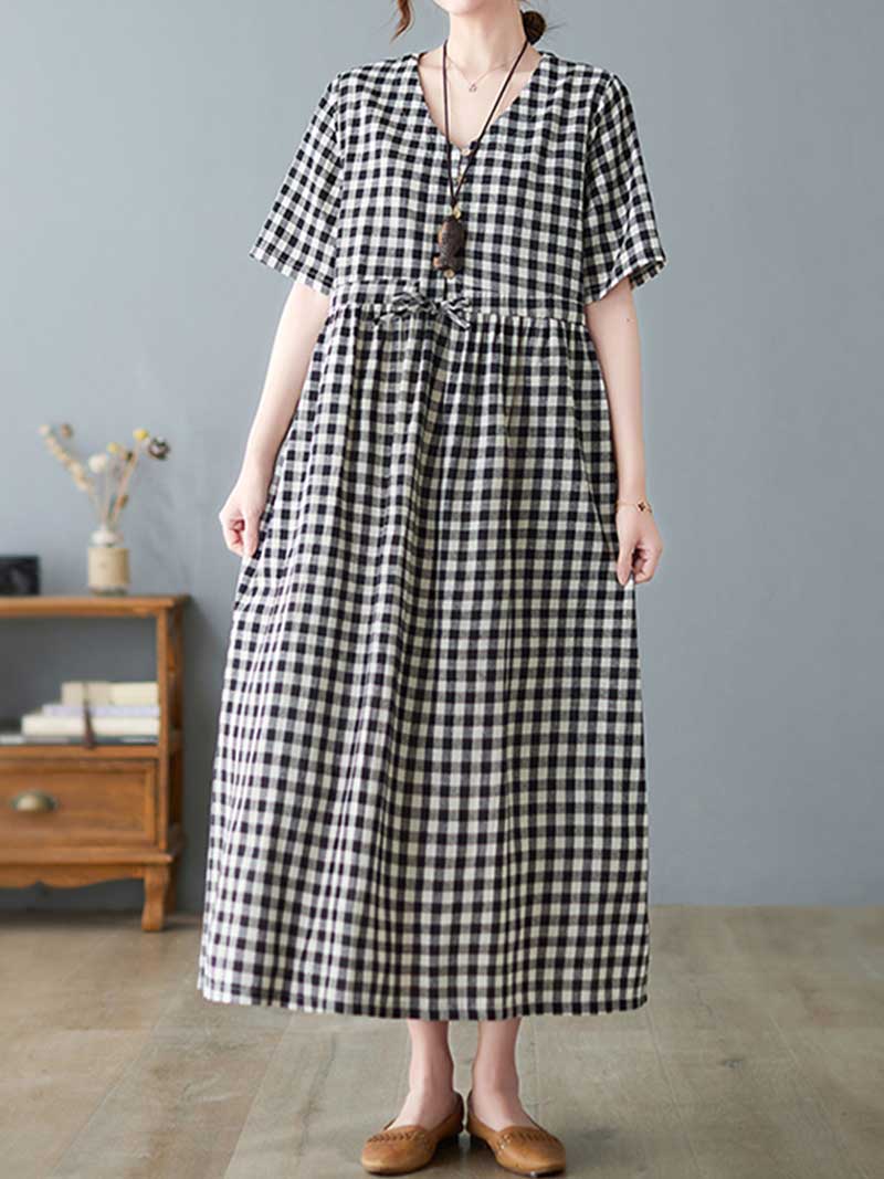 Feel Ambitious Plaid Cotton Smock Dress - Fashionpara