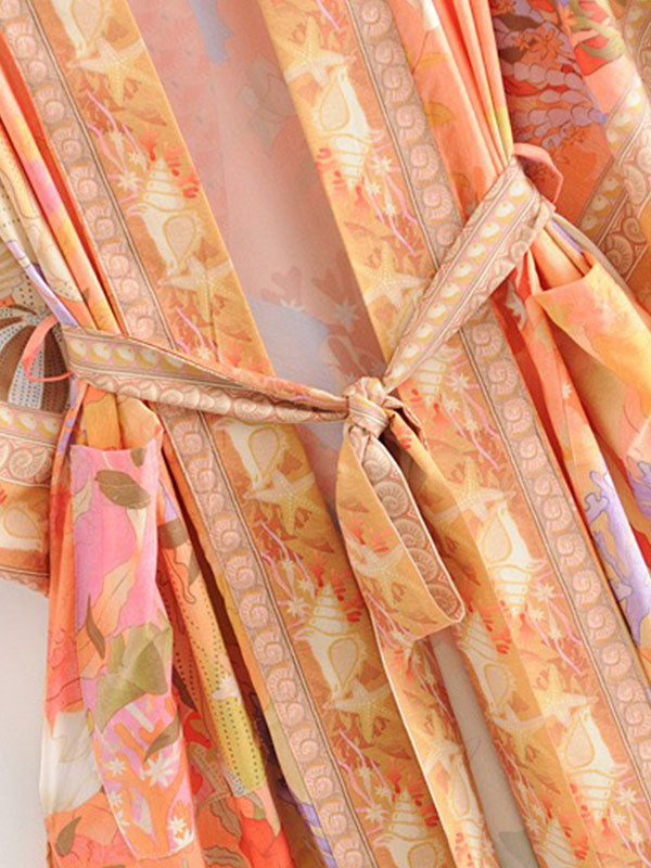 Floral Partywear Cotton Silk Kimono Orange Color Cotton Long Length Gown Robe Kimono - Fashionpara