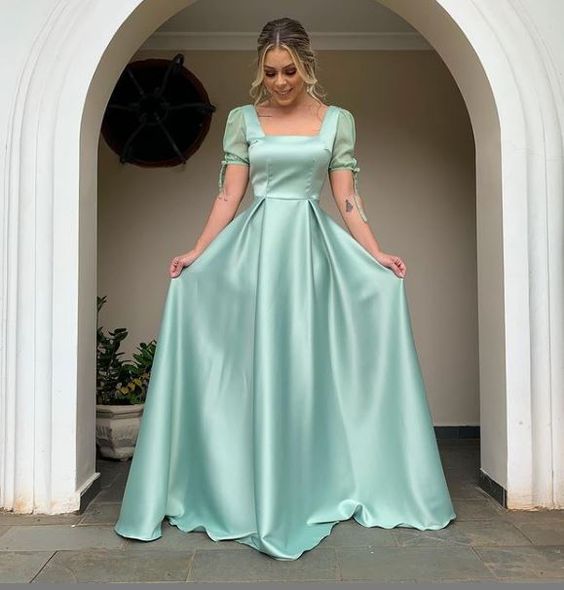 A-line Square Neck Puff Sleeve Long Prom Dress,Wedding Guest Outfit