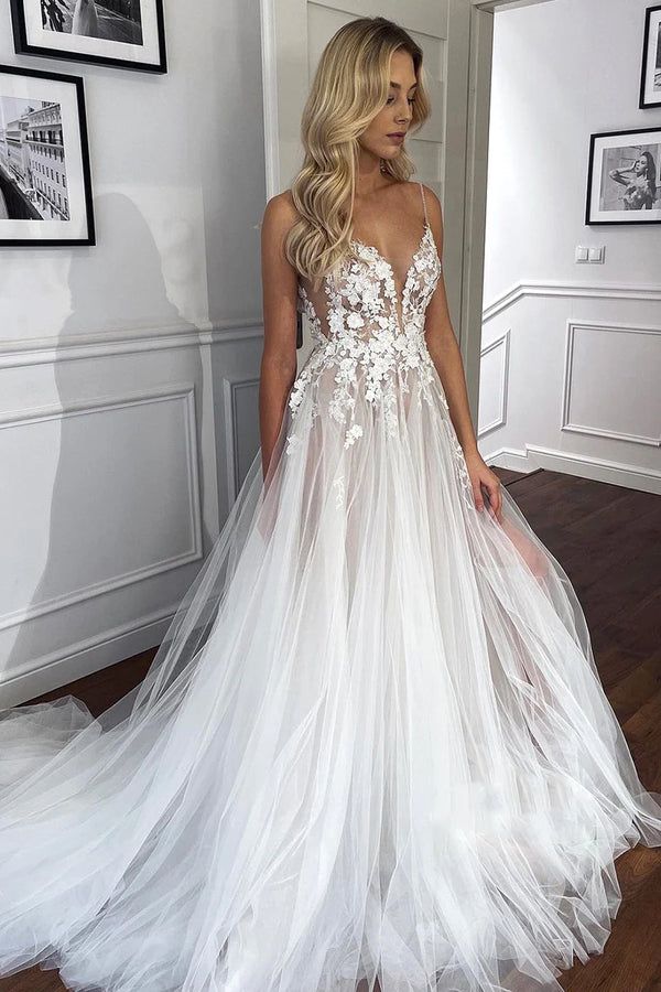 Spaghetti Straps V-Neck Lace Appliques A-line Tulle Rustic Wedding Dress With Slit