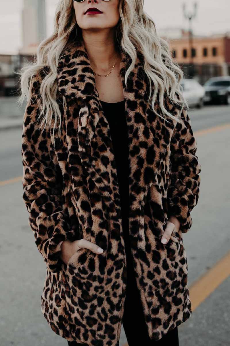 Florcoo Women's Lapel Leopard Coat