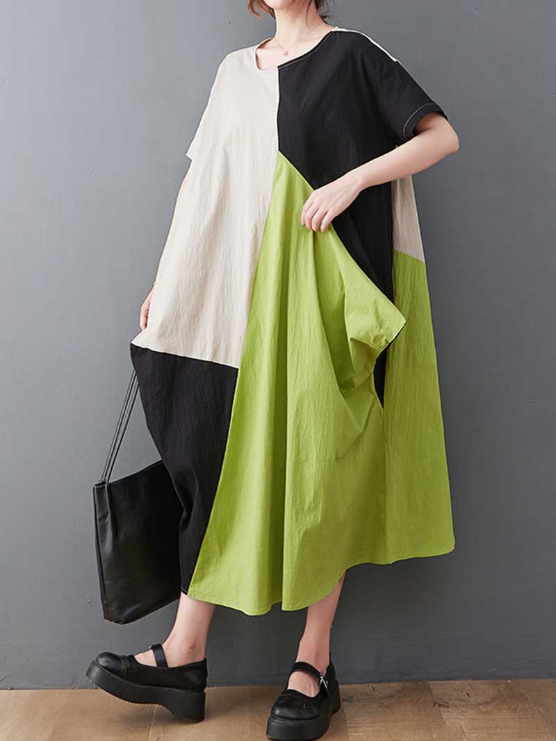 Plain Cotton Short Sleeves A-Line Dress 3