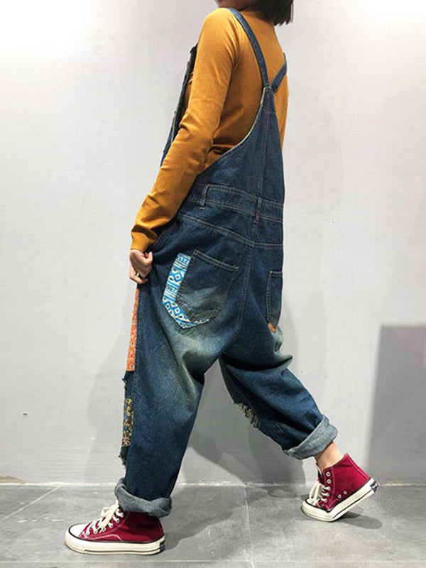 Estela Patchwork Prints Ripped Overall Dungarees - Fashionpara