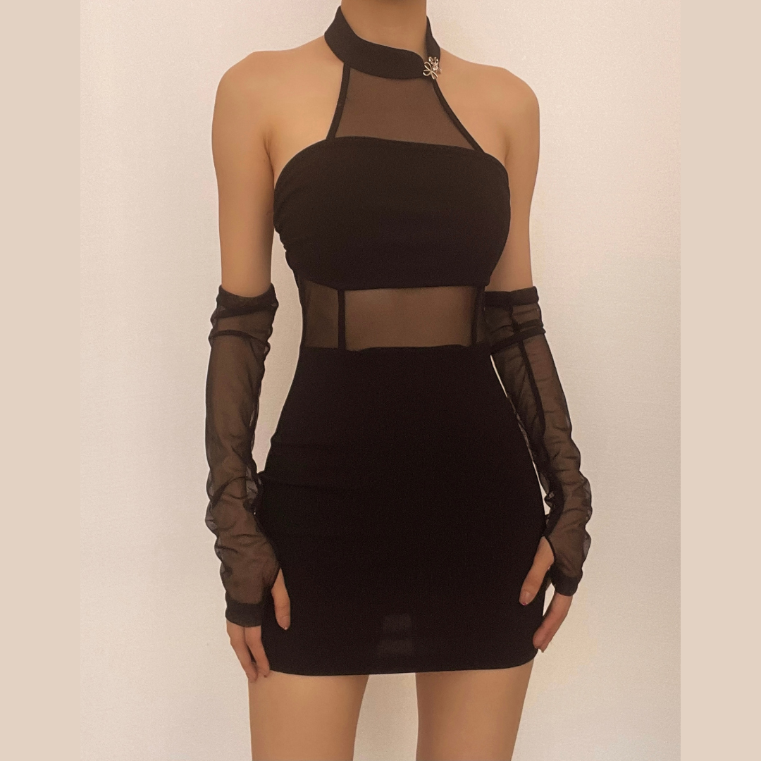 Mesh Halter Neck Glove Sleeve Cut Out Bodycon Mini Dress
