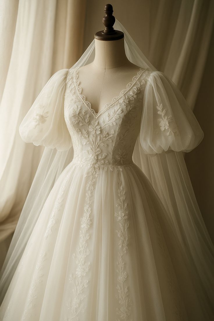 A Line Tulle Lace Puffy Sleeves Wedding Dress Bridal Dresses