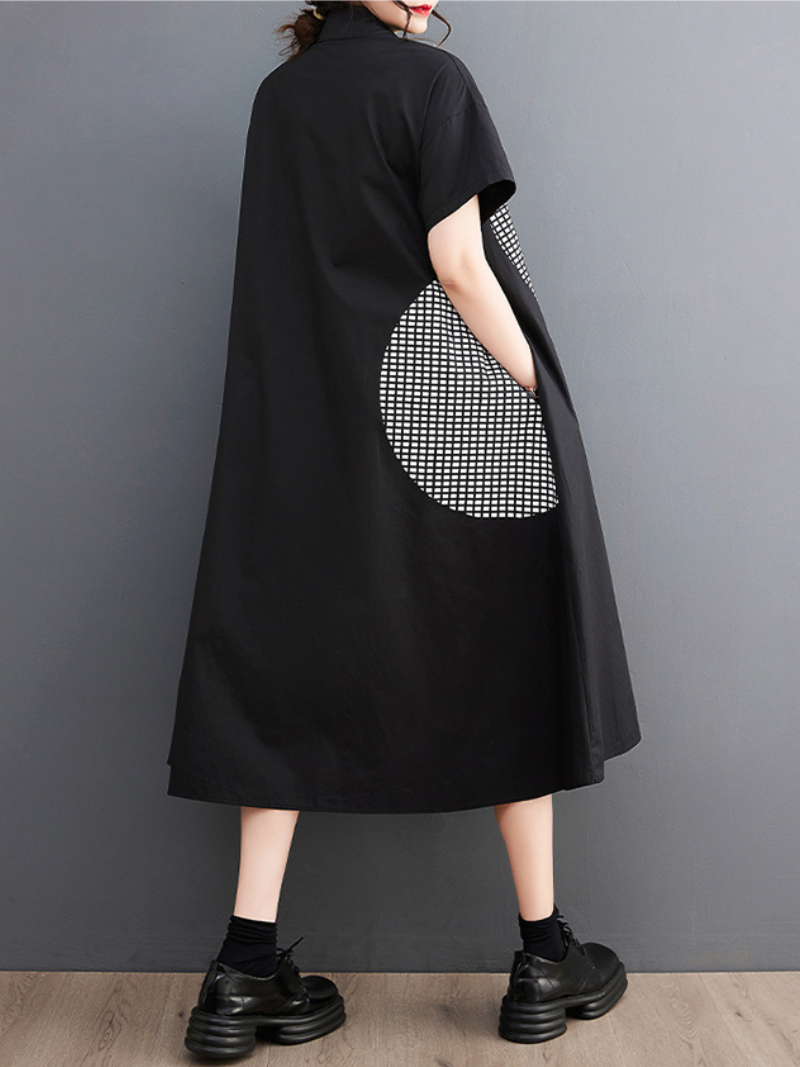 Checked Dot Collared Short Sleeve A-Line Midi Dress 2