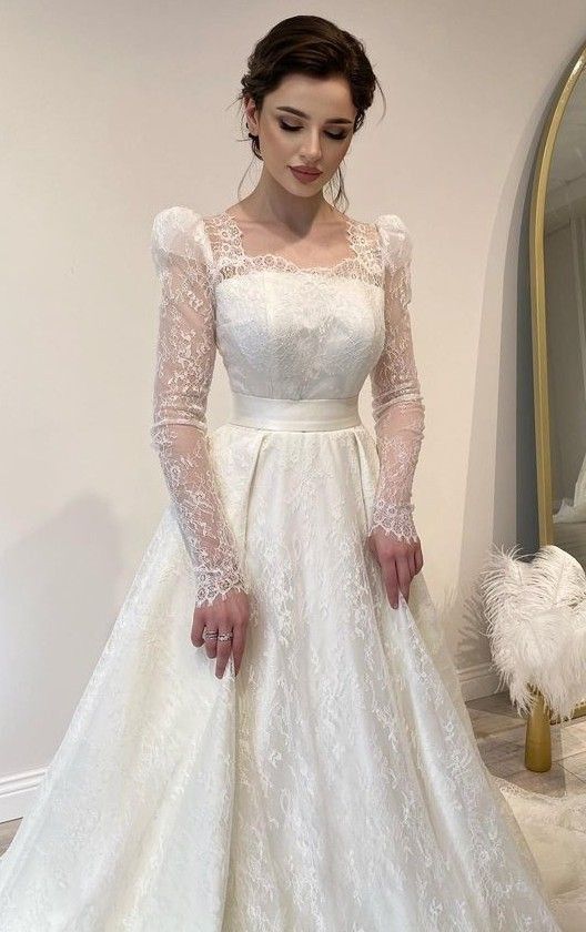 A Line White Lace Long Sleeves Princess Wedding Dress