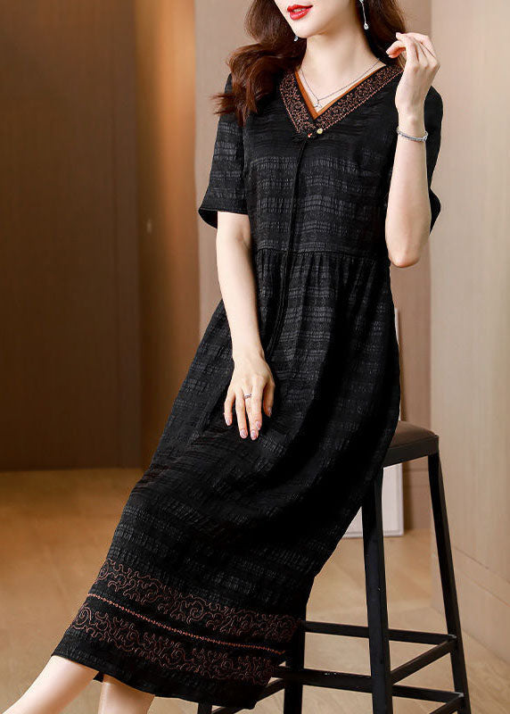 V-Neck Short Sleeve Embroidered Trim Textured Midi Dress - View 3
