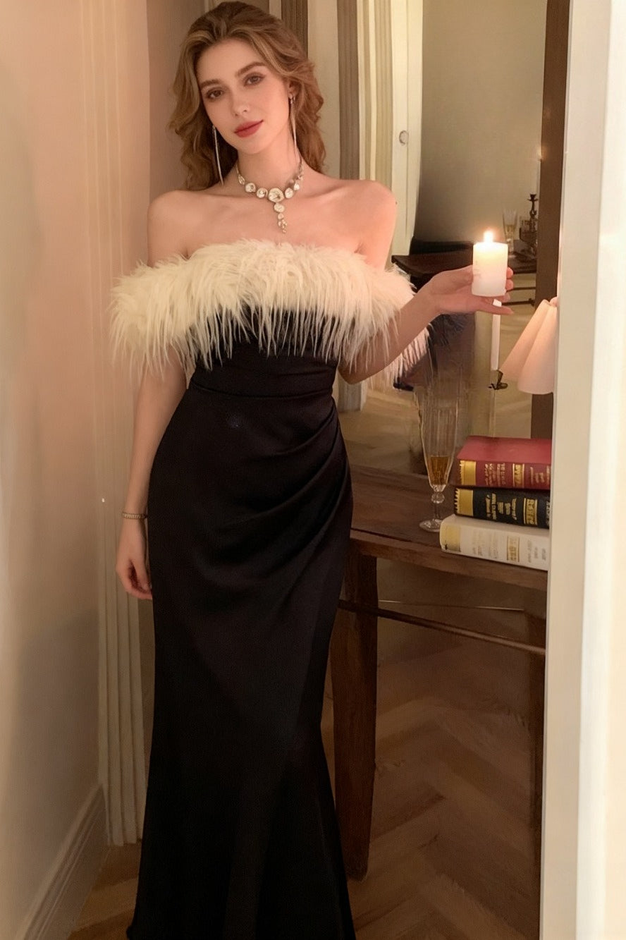 Feather Trim Strapless Ruched Wrap Midi Dress 3