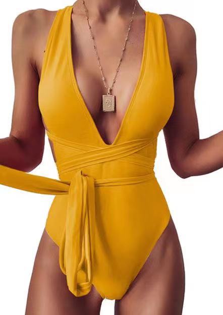 Deep V-neck Strap One-piece Swimsuit - Fashionpara