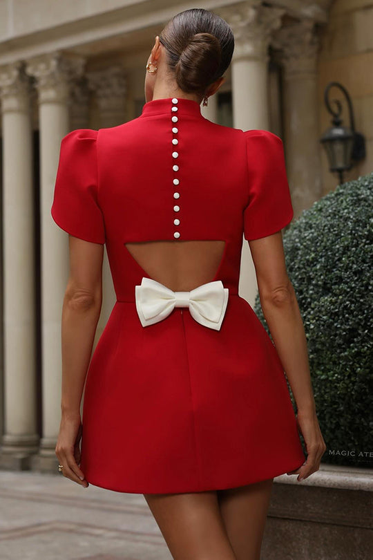 Charlie Backless Satin Bow Slit Mini Dress - View 13