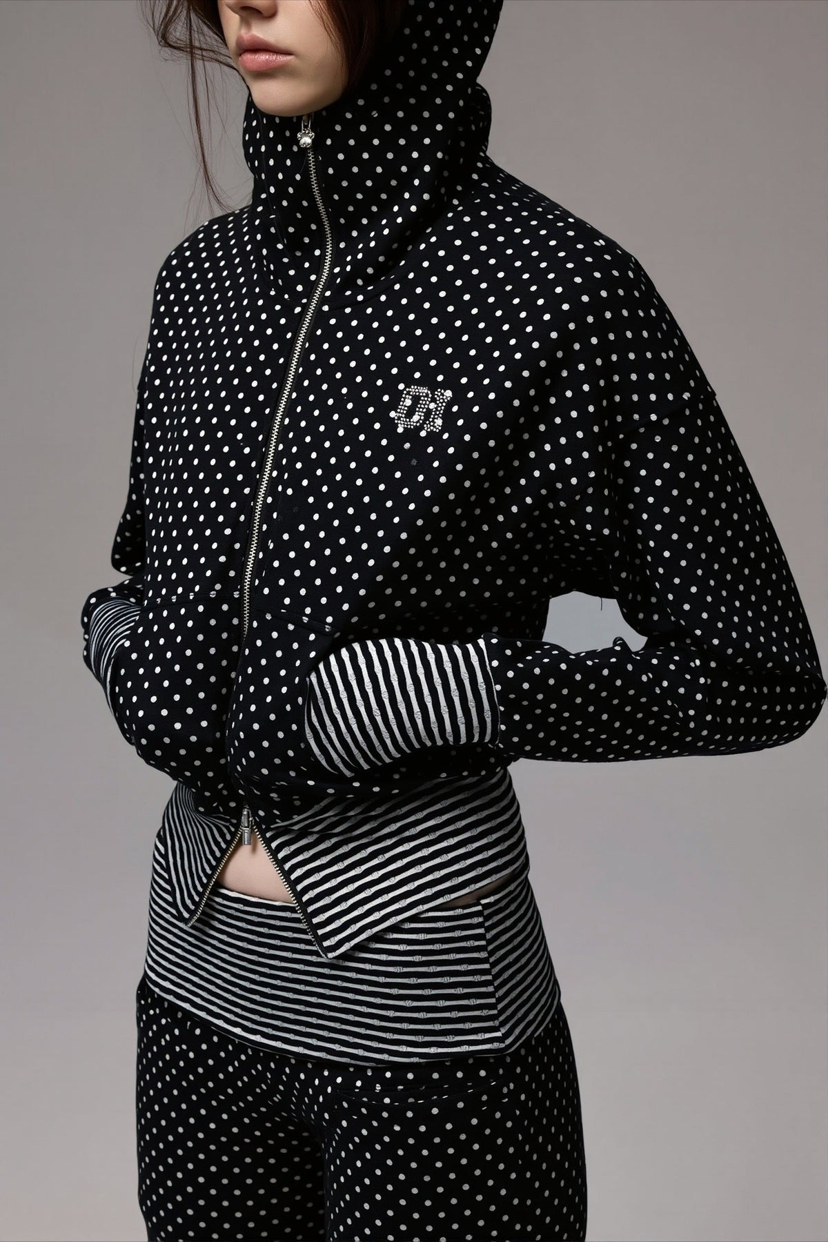 Polka Dot Cat Ear Zip Front Cropped Hoodie
