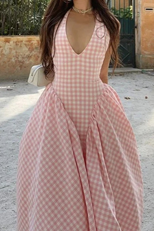 Gingham Check Halter Neck Fit-and-Flare Maxi Dress