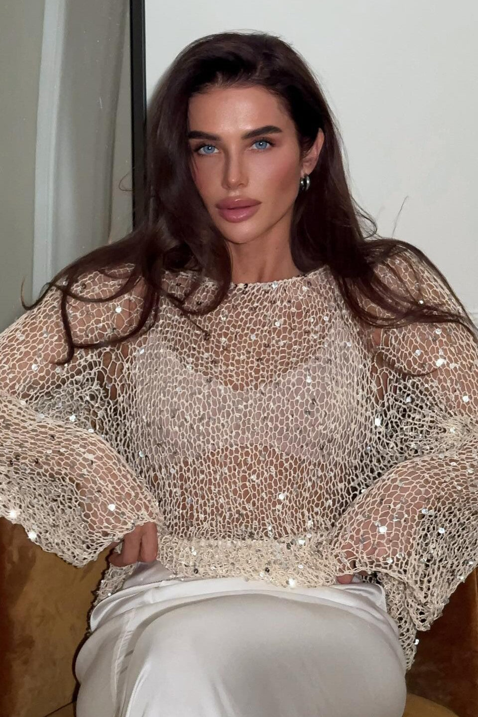 Elegant Sequin Long Sleeve Knit Blouse