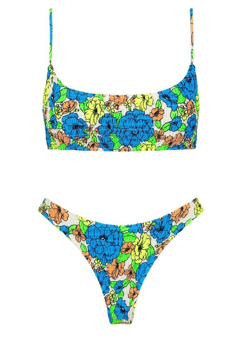 Bandeau Floral Print Patchwork High-cut Bikini Set (3 Colors) - Fashionpara