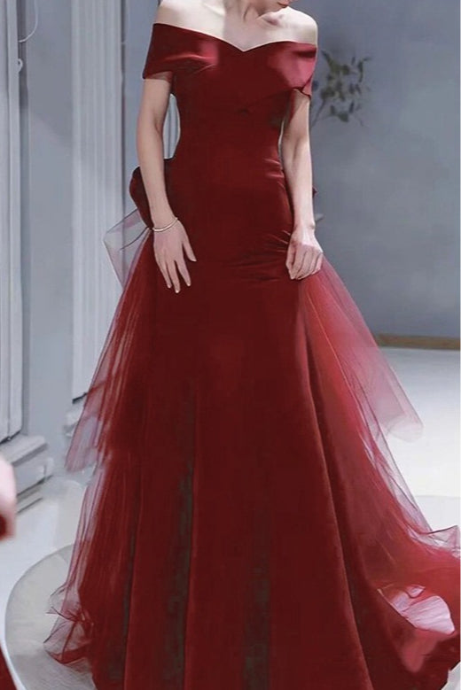 Satin Off Shoulder Tulle Mermaid Gown - View 3