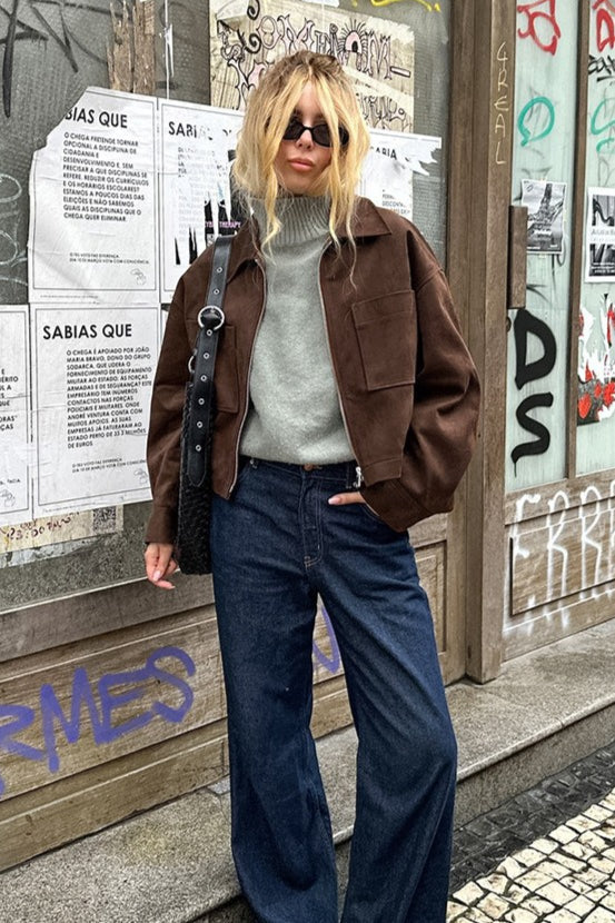 Brown Faux Suede Utility Zip Jacket