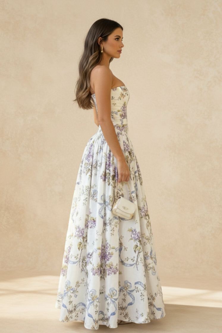Rayon Printed Strap Pleated Maxi Dress