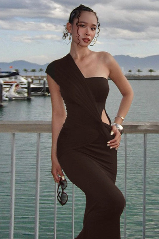 One Shoulder Cut Out Ruched Bodycon Maxi Dress