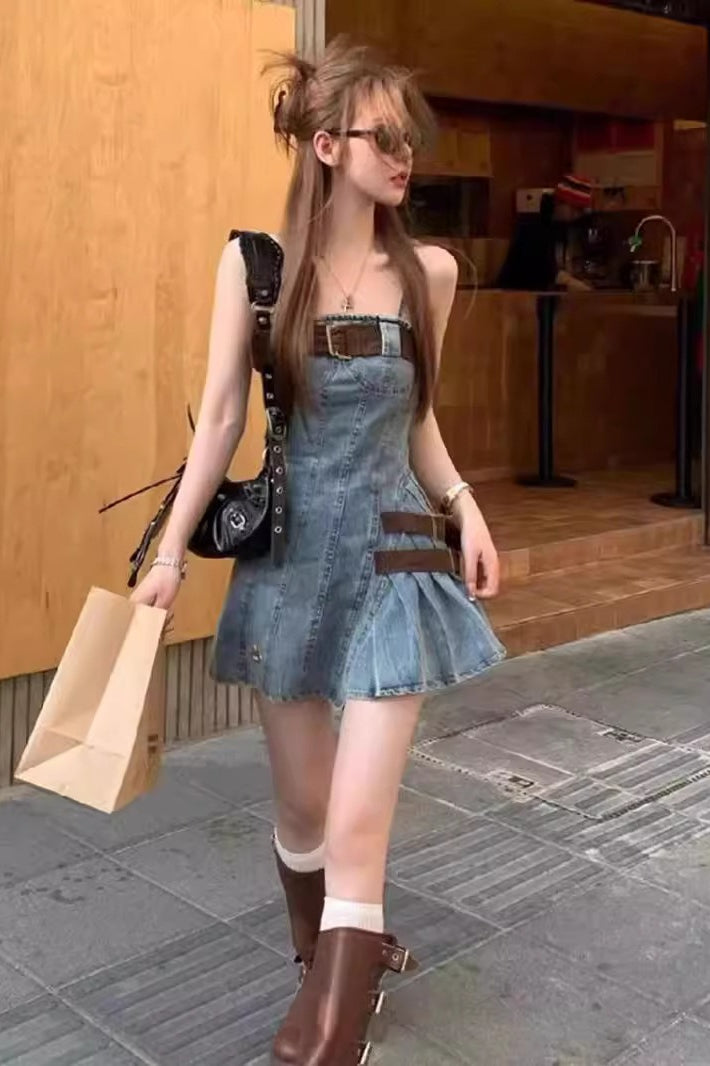 Denim Square-Neck Spaghetti Strap Belted A-Line Mini Dress