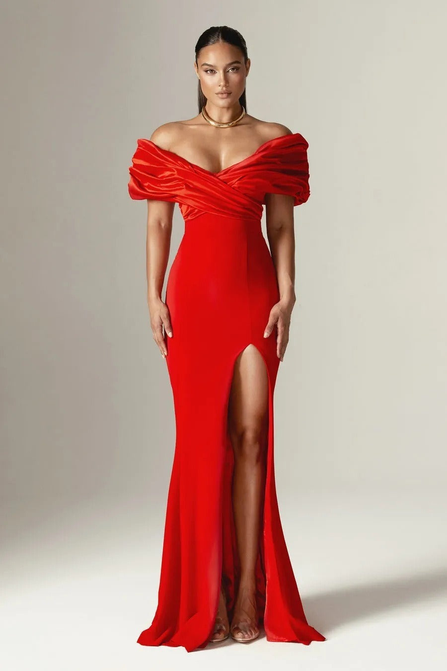 Satin Off Shoulder Ruched High Split Mermaid Gown - View 7