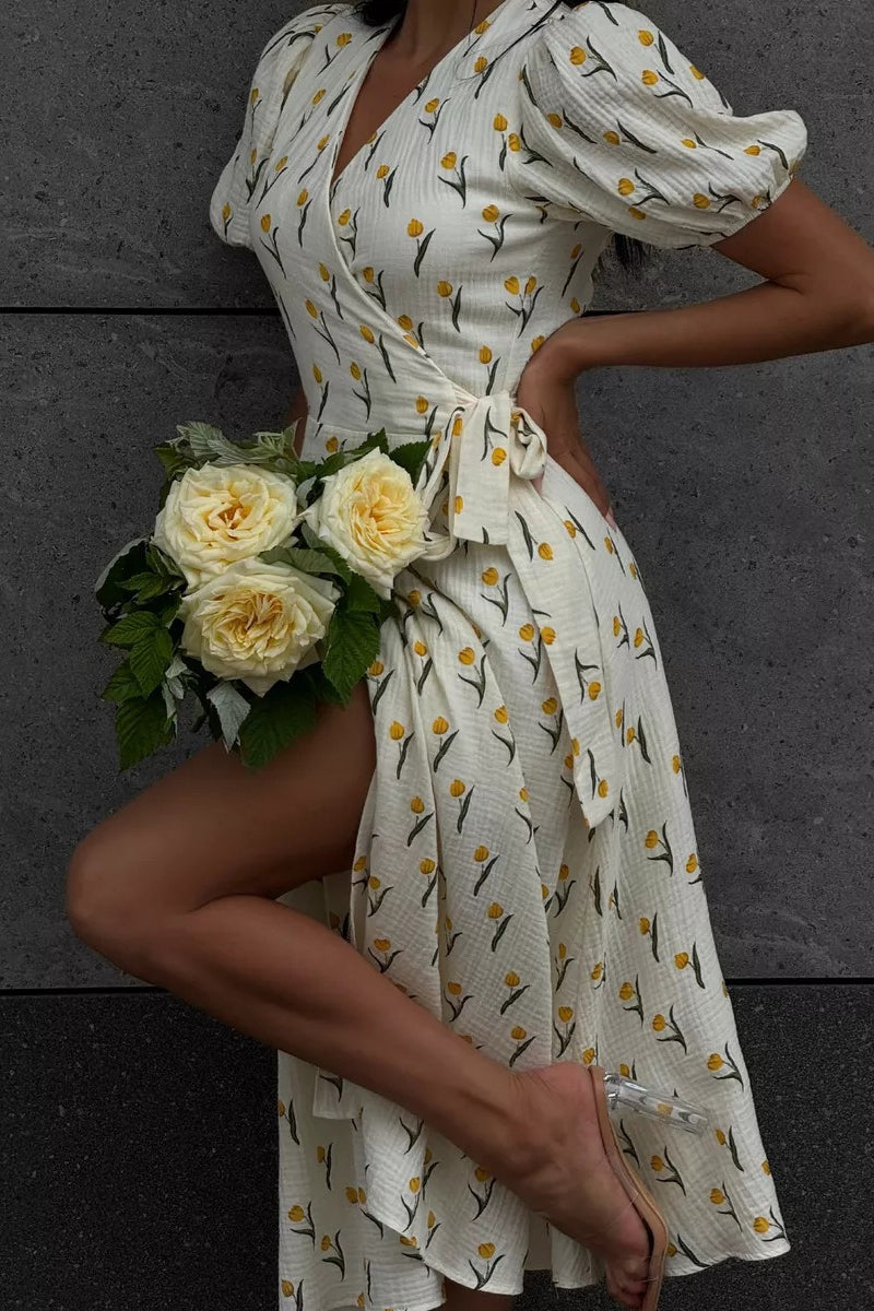 Floral V-Neck Puff Sleeve Wrap A-Line Midi Dress 18