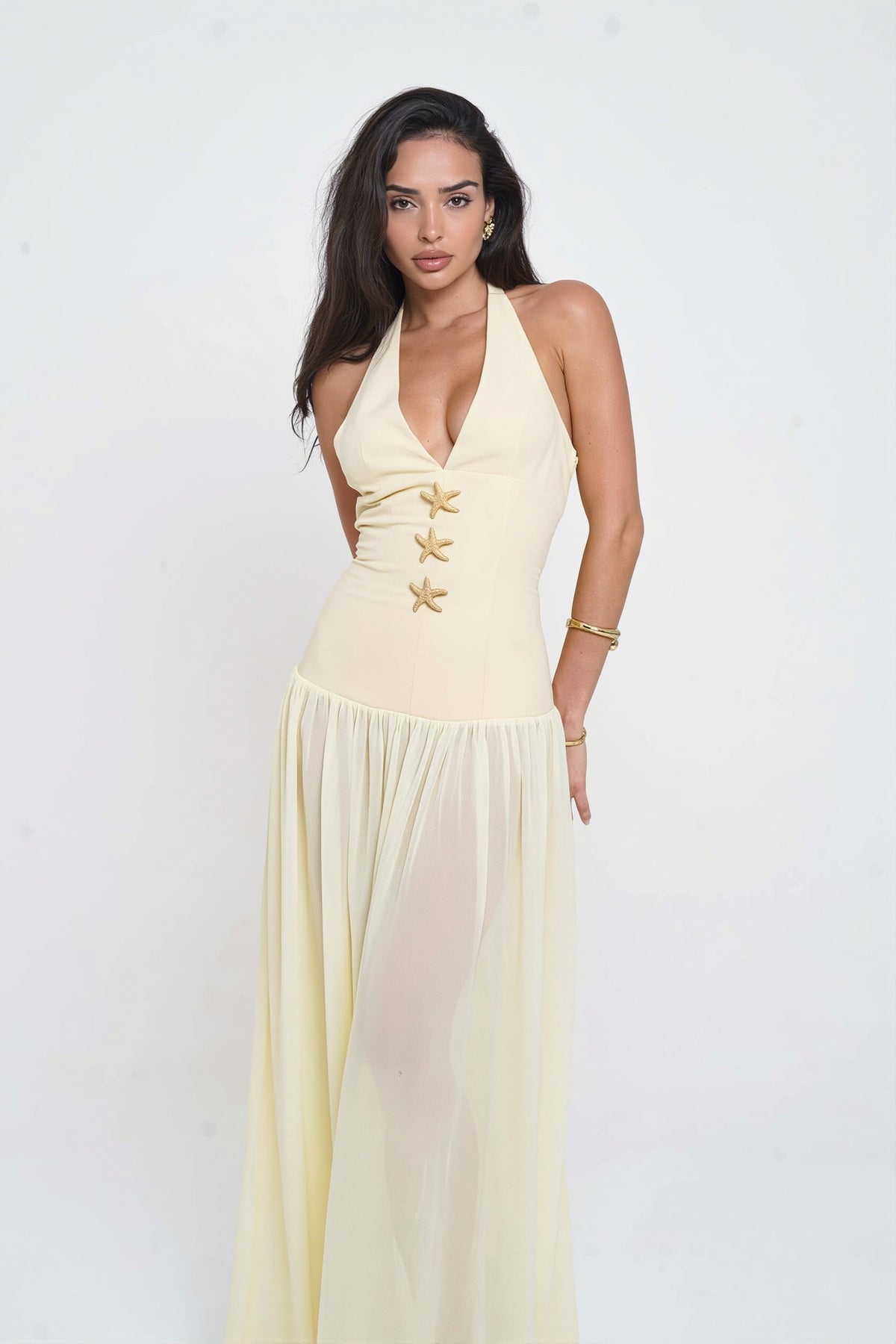 Halter Neck Plunge Starfish Drop-Waist Maxi Gown