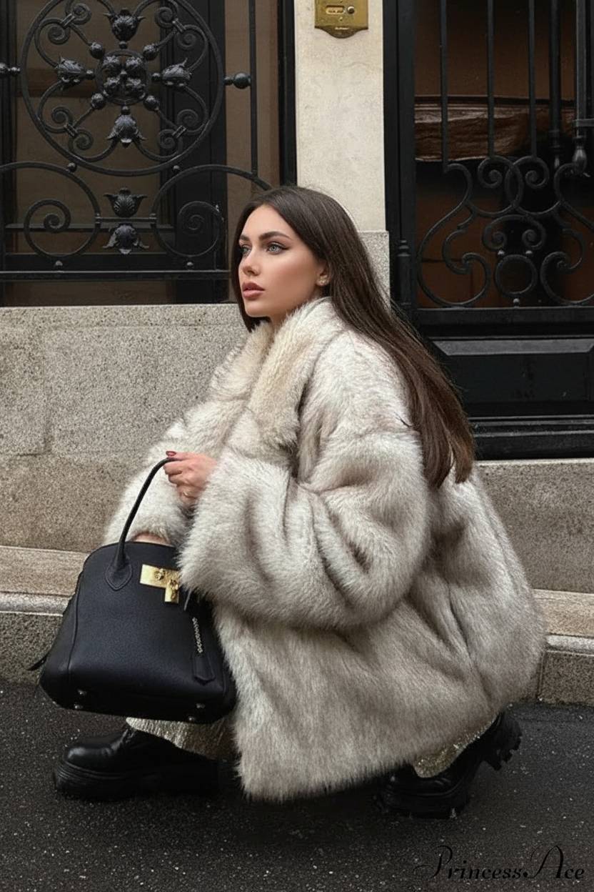 White Tip-Dyed Faux Fox Fur Mid-Length Coat - Fashionpara