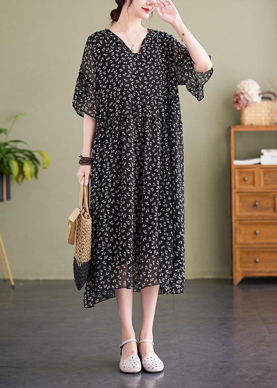 Floral Print V-Neck Flared Sleeve Gathered Waist Flowy Midi Dress