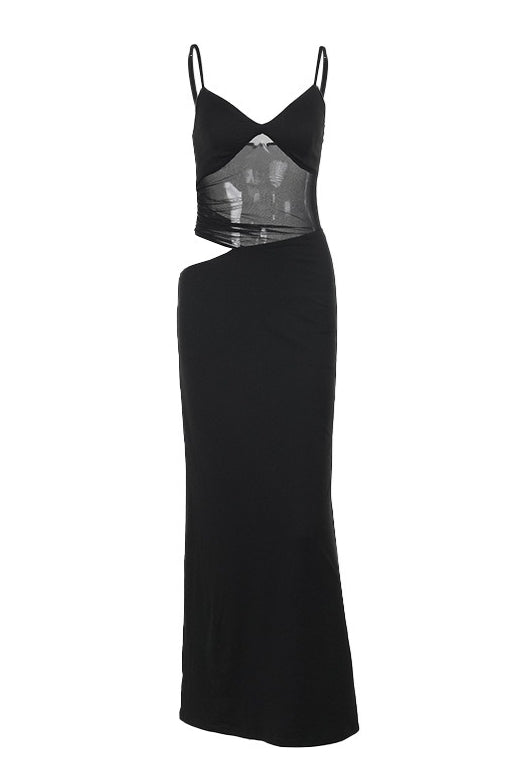 Cut Out Mesh Waist V-Neck Slip Maxi Dress