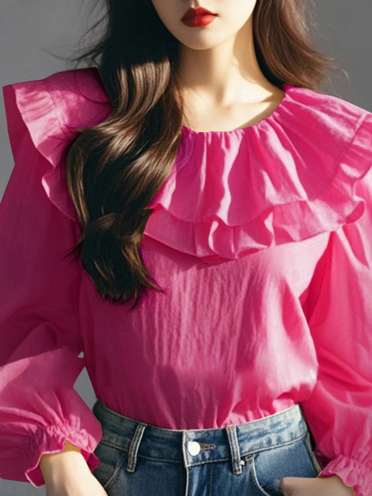 Lantern Sleeve Ruffled Round Neck Blouse