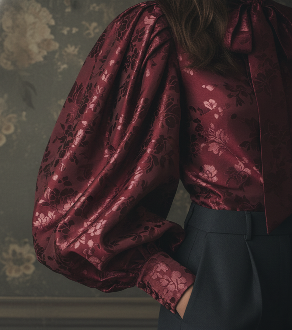 The Crimson Damask Puff-Sleeve Blouse - Fashionpara
