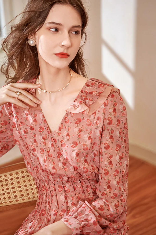 Floral Print Deep V-Neck Ruffle Trim Long Sleeve Midi Dress - View 4