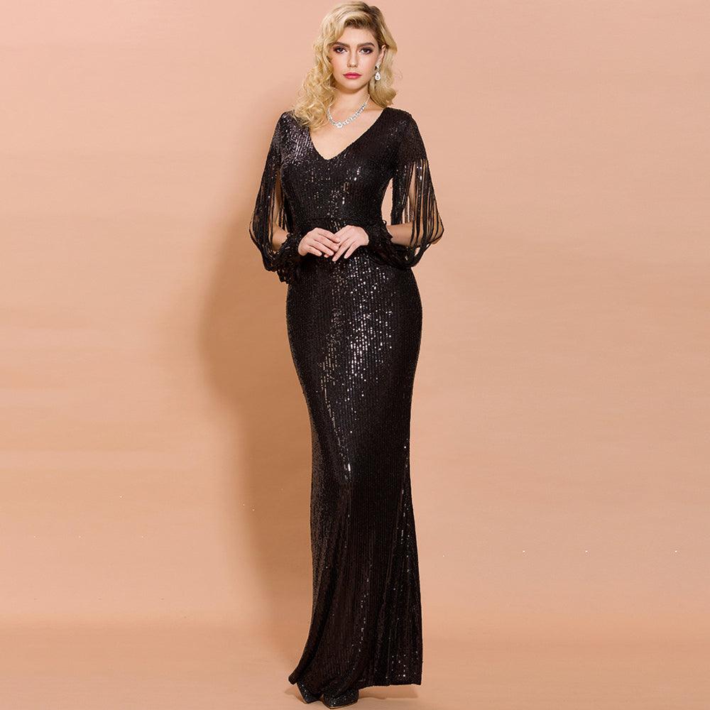Fringed Sleeves Elegant Sequin Dress - Fashionpara