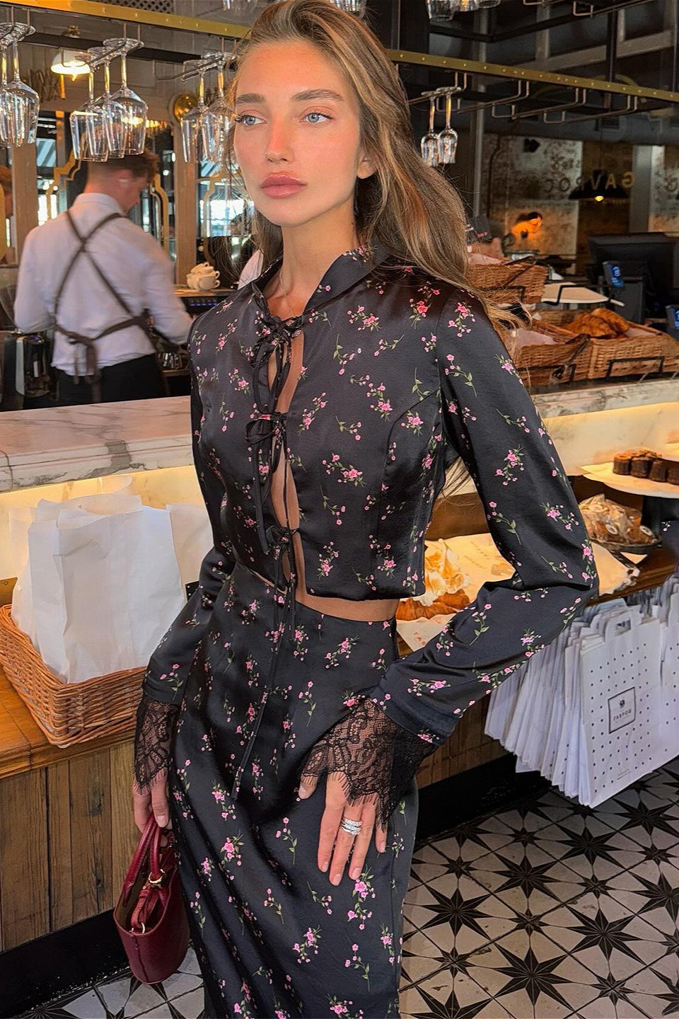 Floral Tie Waist Crop Top Split Bodycon Skirt Two Piece Set