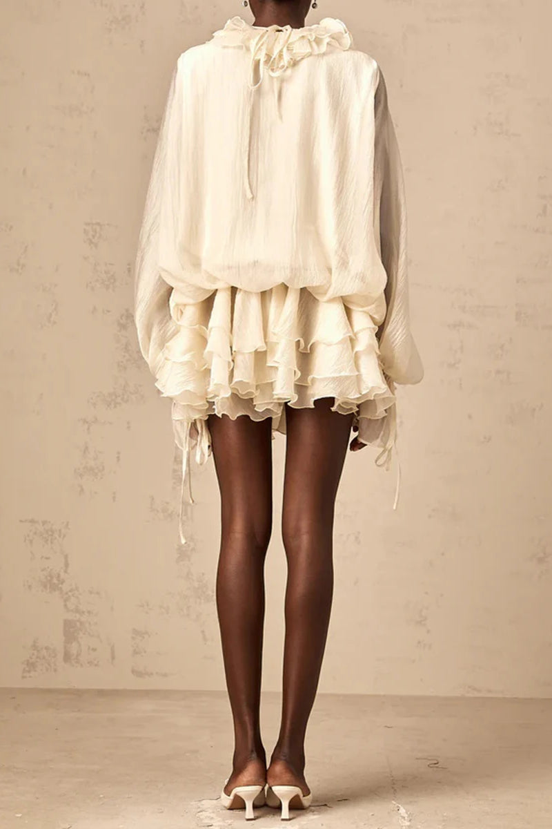 Floral Appliqué V-Neck Long Sleeve Tiered Mini Dress 4
