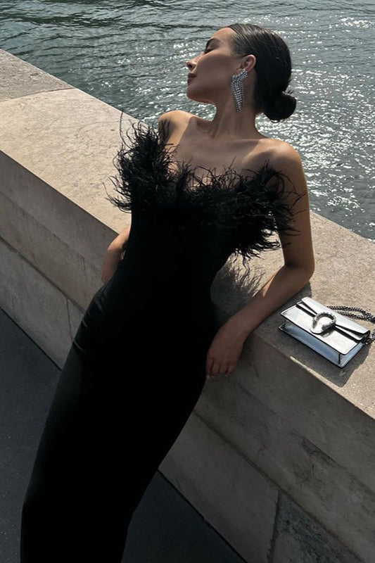 Feather Trim Strapless Sheath Dress 7